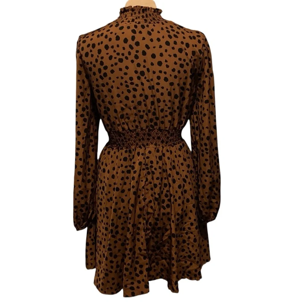 SHEIN Brown and Black Polka Dot Long Sleeve Mini Dress - Picture 6 of 6